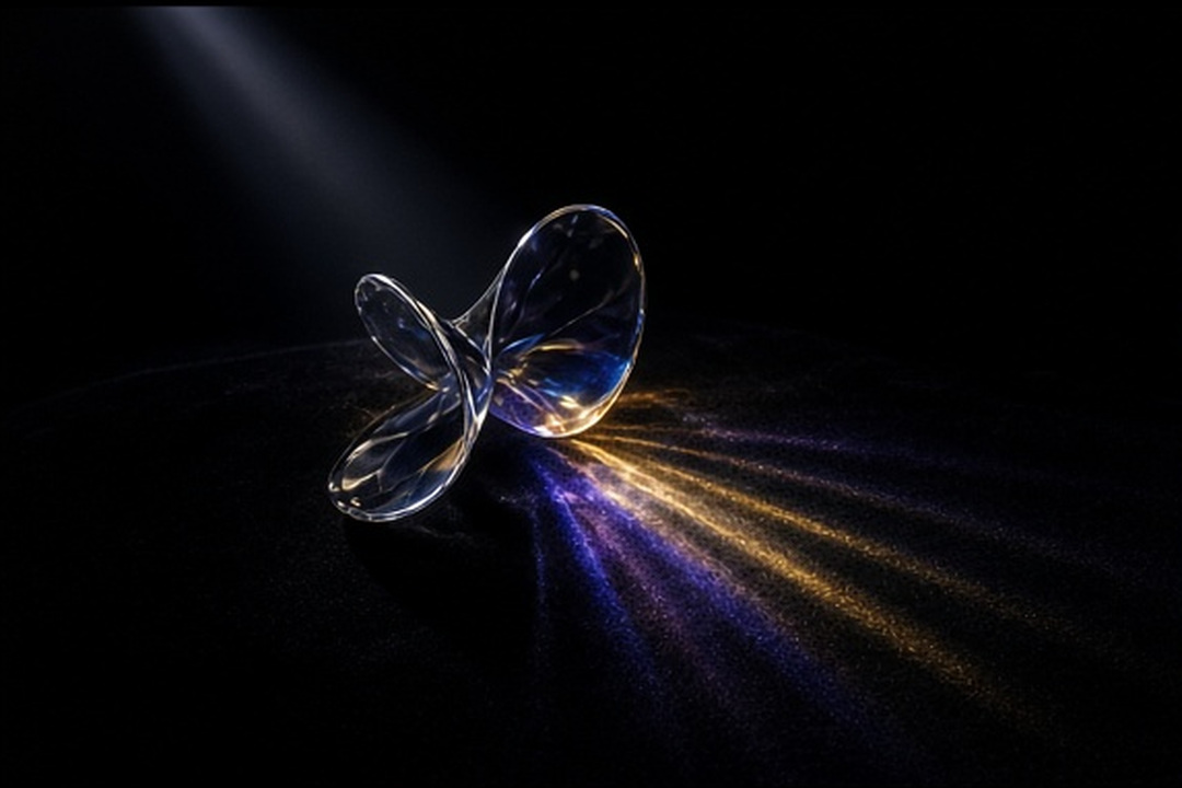 A twisted optical-glass vessel redirecting one narrow beam