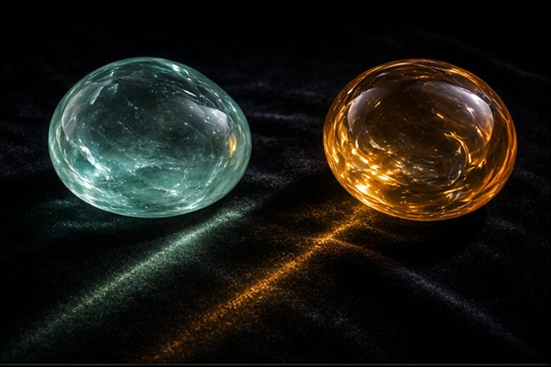 Two light beams remaining separate across black velvet